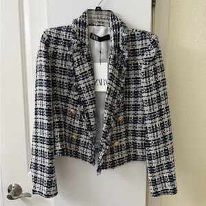 Zara Women's Navy and White Tweed Blazer